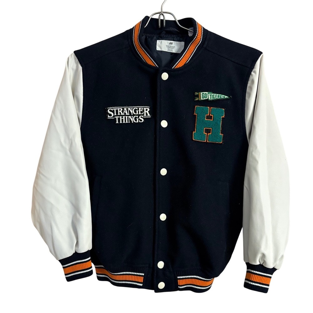 HM Stranger Things Hawkins High Varsity Jacket Navy Blue White Orange Large H - Picture 2 of 8